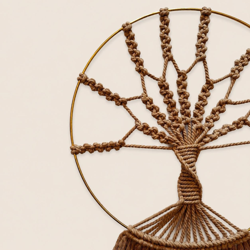 Family Tree Macrame Wall Hanging – Handmade Cotton & Gold Hoop Fiber Art