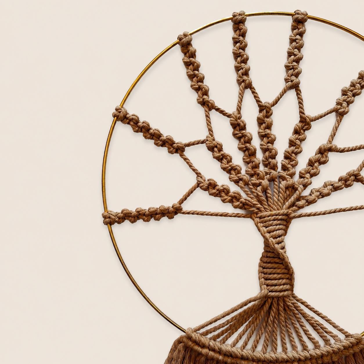 Family Tree Macrame Wall Hanging – Handmade Cotton & Gold Hoop Fiber Art