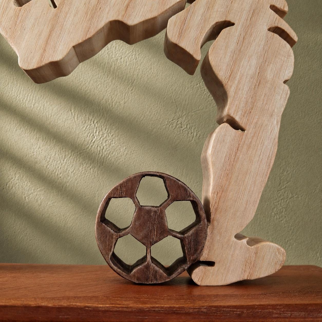 Goal Moment – Handmade Wooden Football Player Sculpture