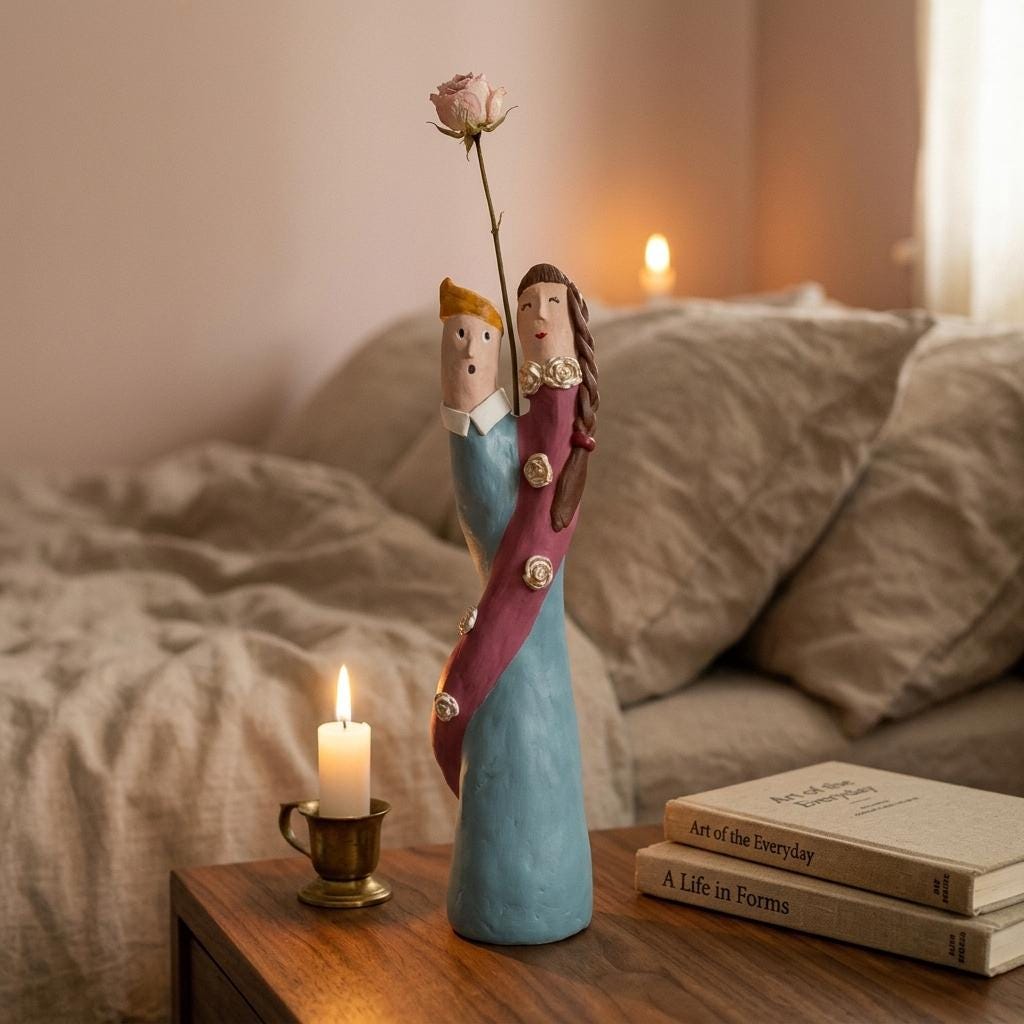 Skulpturvase für Paare – handgemachte Figur aus lufttrocknendem Ton mit Rosendetail