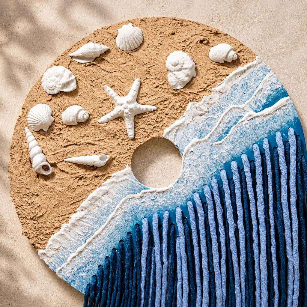 Calm Tide – Decoração de parede artesanal com motivos costeiros em barro, madeira e algodão