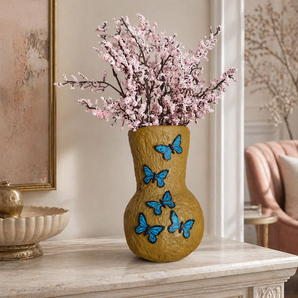 Butterfly Vase – Handmade Air Dry Clay Sculpture with Blue Morpho & Pink Butterflies