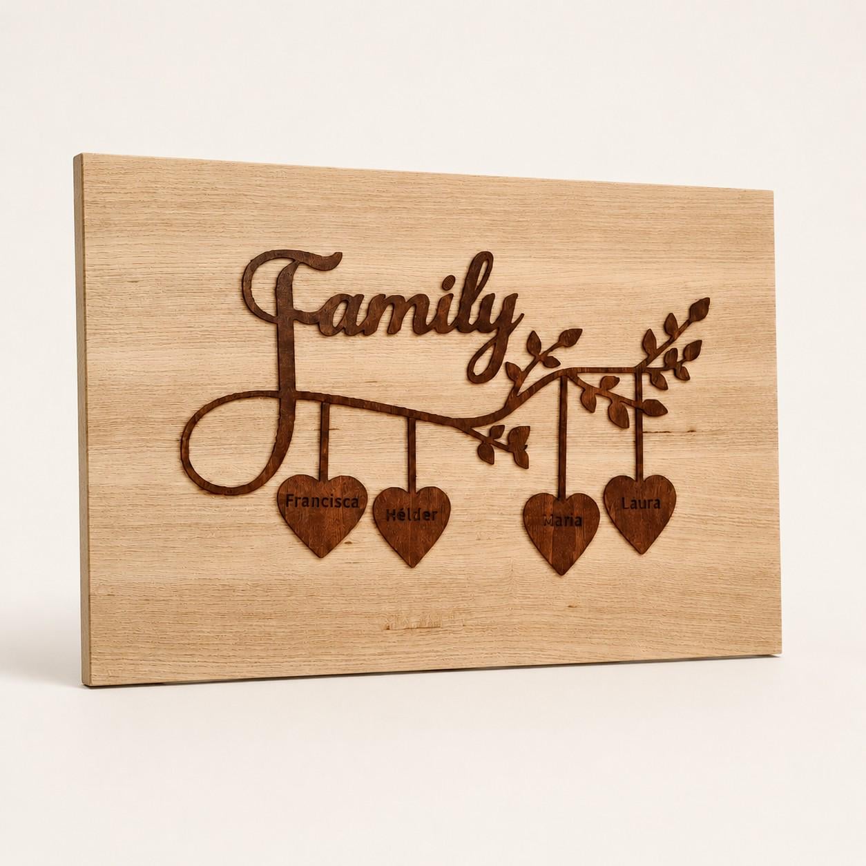 Placa de Família Personalizada – Decoração de Parede em Madeira com Nomes e Corações Personalizados