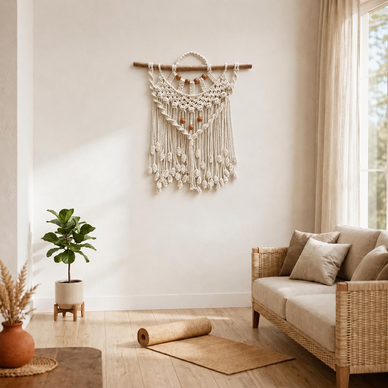 Makramee-Wandbehang „Empress“ – Handgefertigt aus Baumwolle, Holzperlen & Treibholz, 62cm