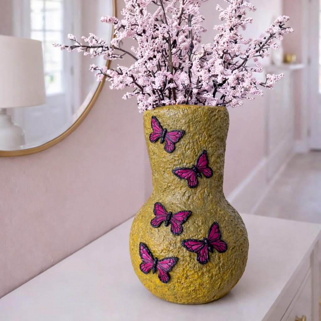 Butterfly Vase – Handmade Air Dry Clay Sculpture with Blue Morpho & Pink Butterflies