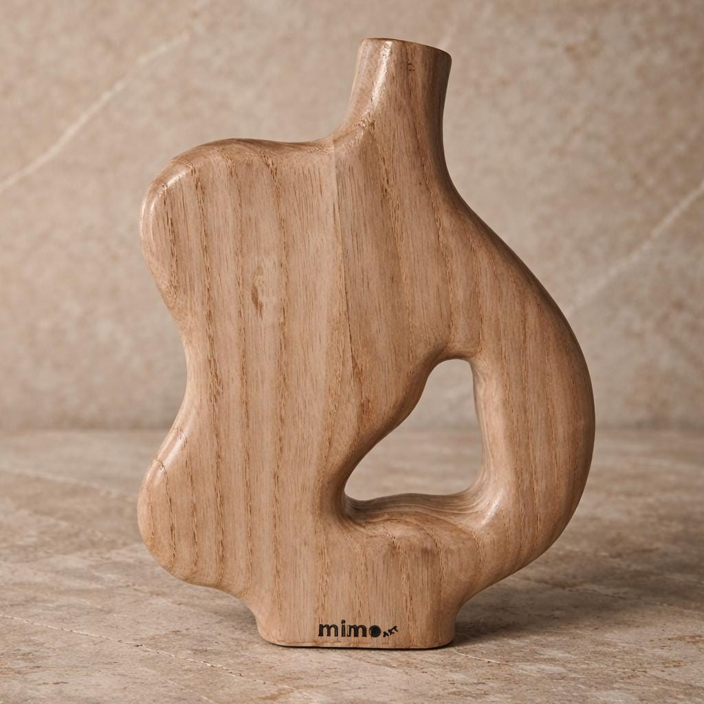 Abstrakte Holzvase – Handgeschnitzte organische Holzskulptur mit Negativraum