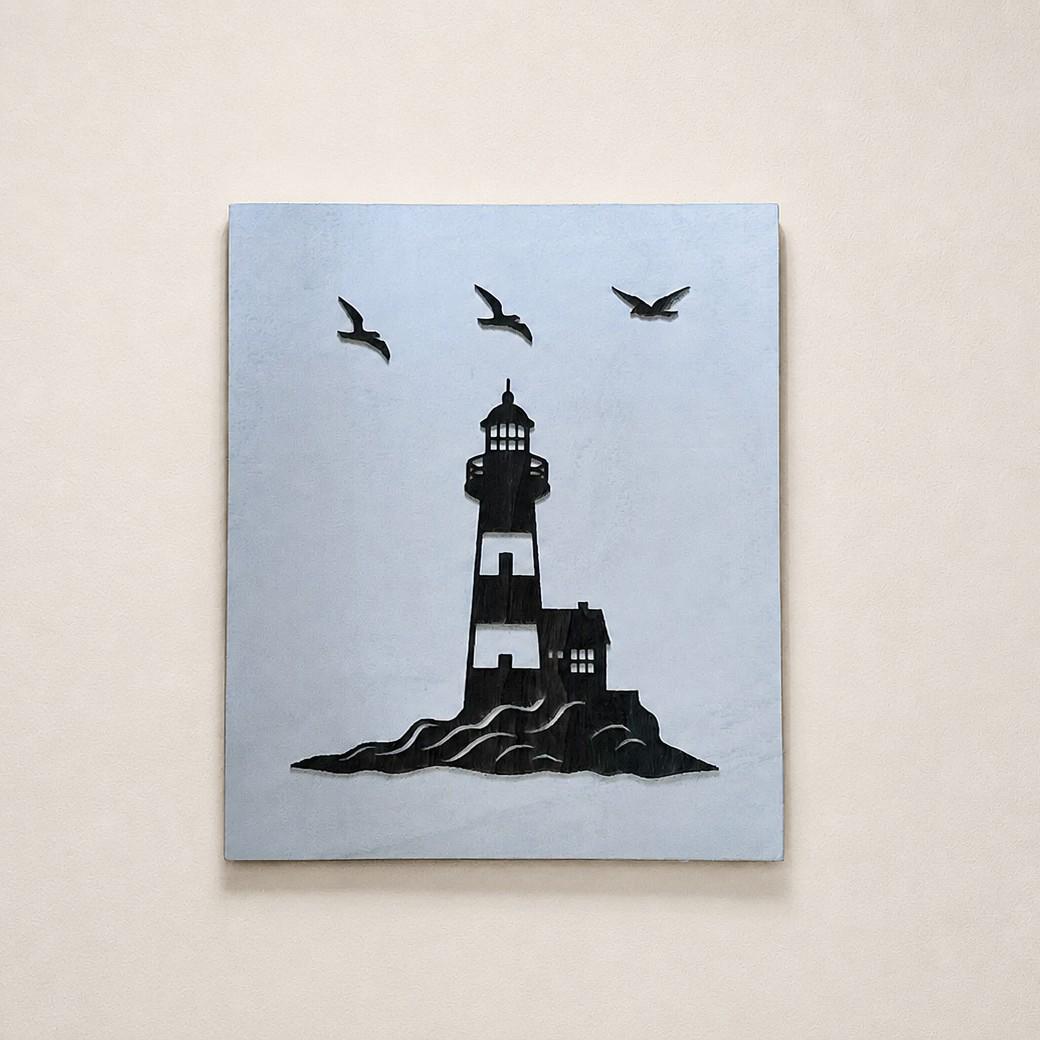 Lighthouse Wall Art – Hand-Painted Wooden Coastal Scene with Keeper's Cottage