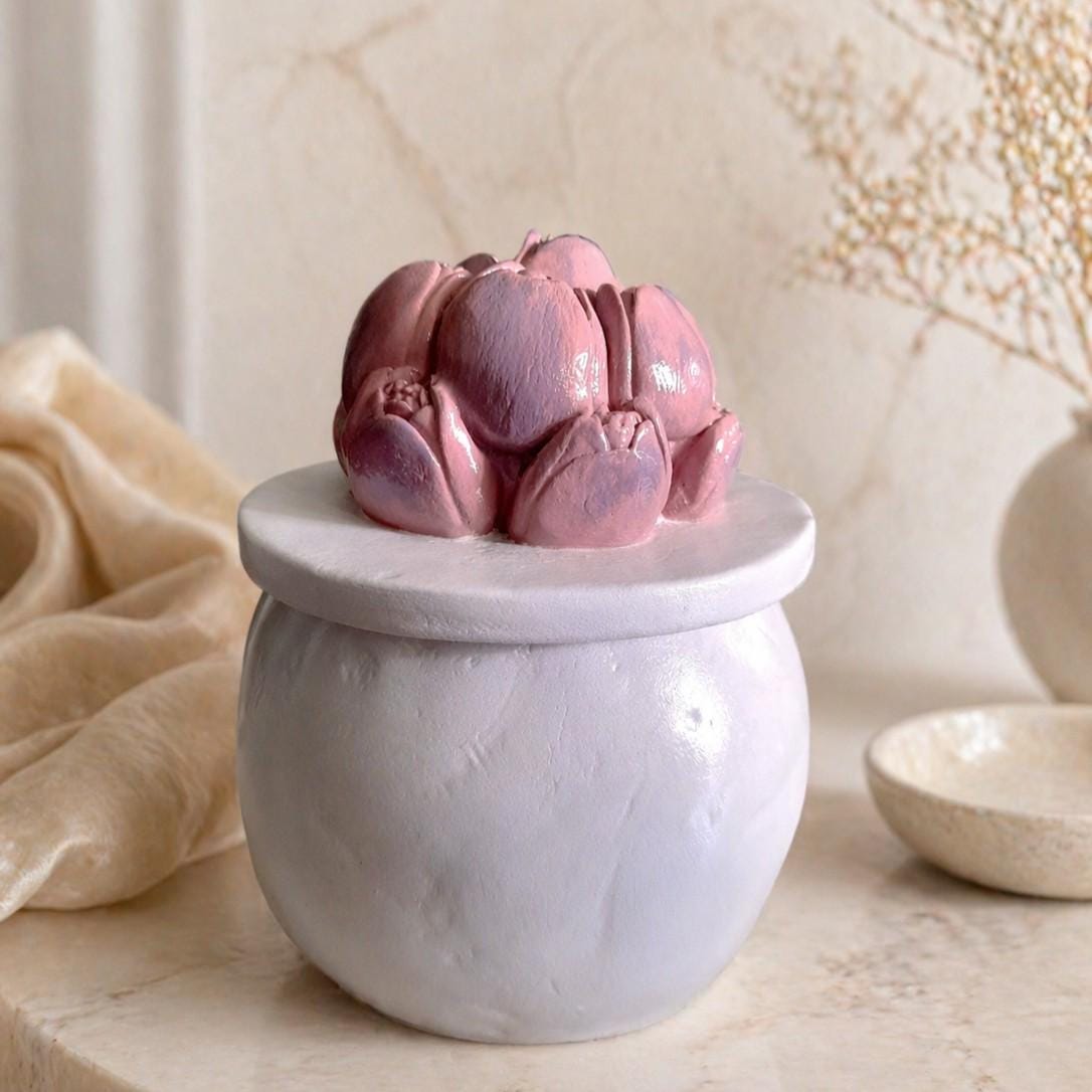 Tulip Jewelry Box – Handmade Air Dry Clay Box with Sculpted Floral Bouquet Lid