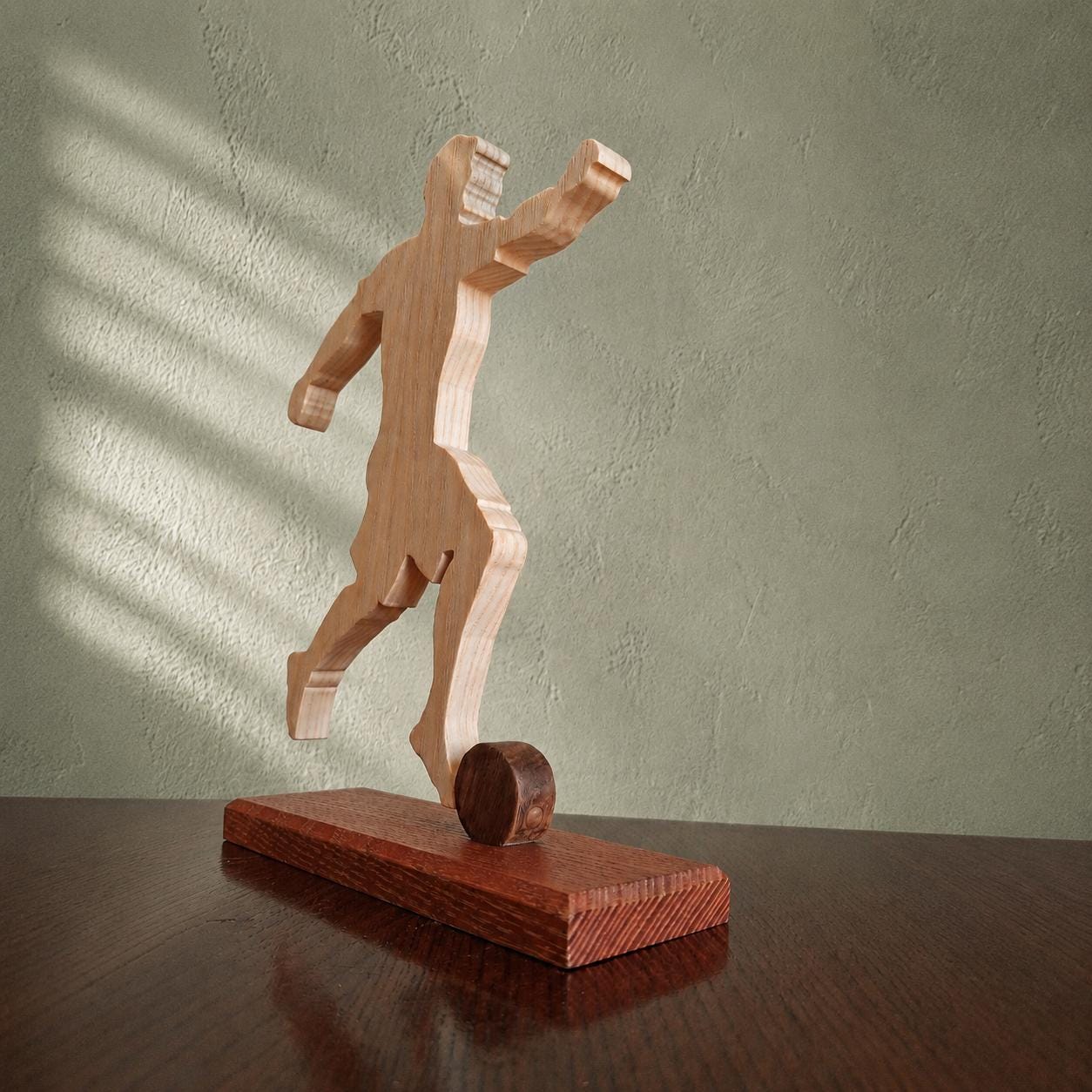 Soccer Player Sculpture – Handmade Wooden Football Figurine on Wood Base