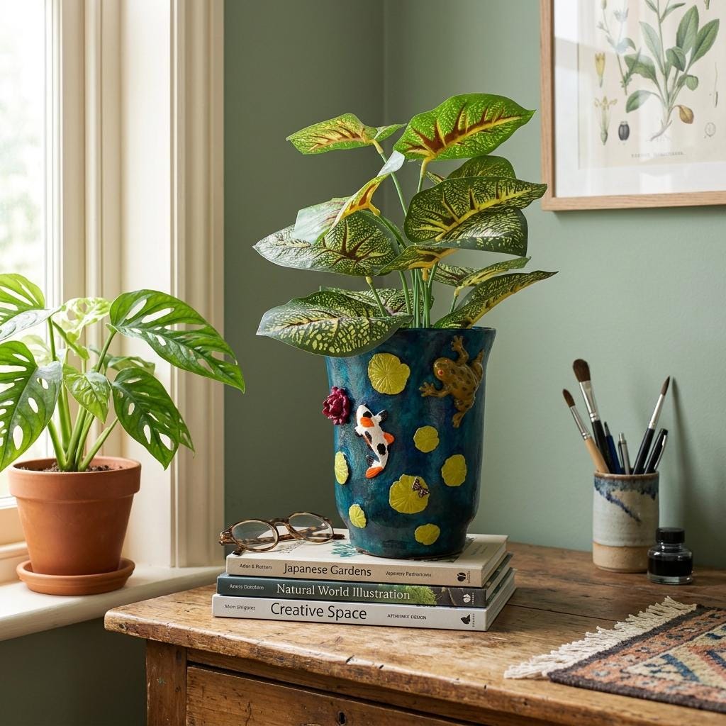 Uma planta Calathea em vaso, num vaso decorativo de cerâmica azul com motivos de peixes koi e nenúfares amarelos, exposta sobre uma secretária de madeira junto a uma janela com outra planta.
