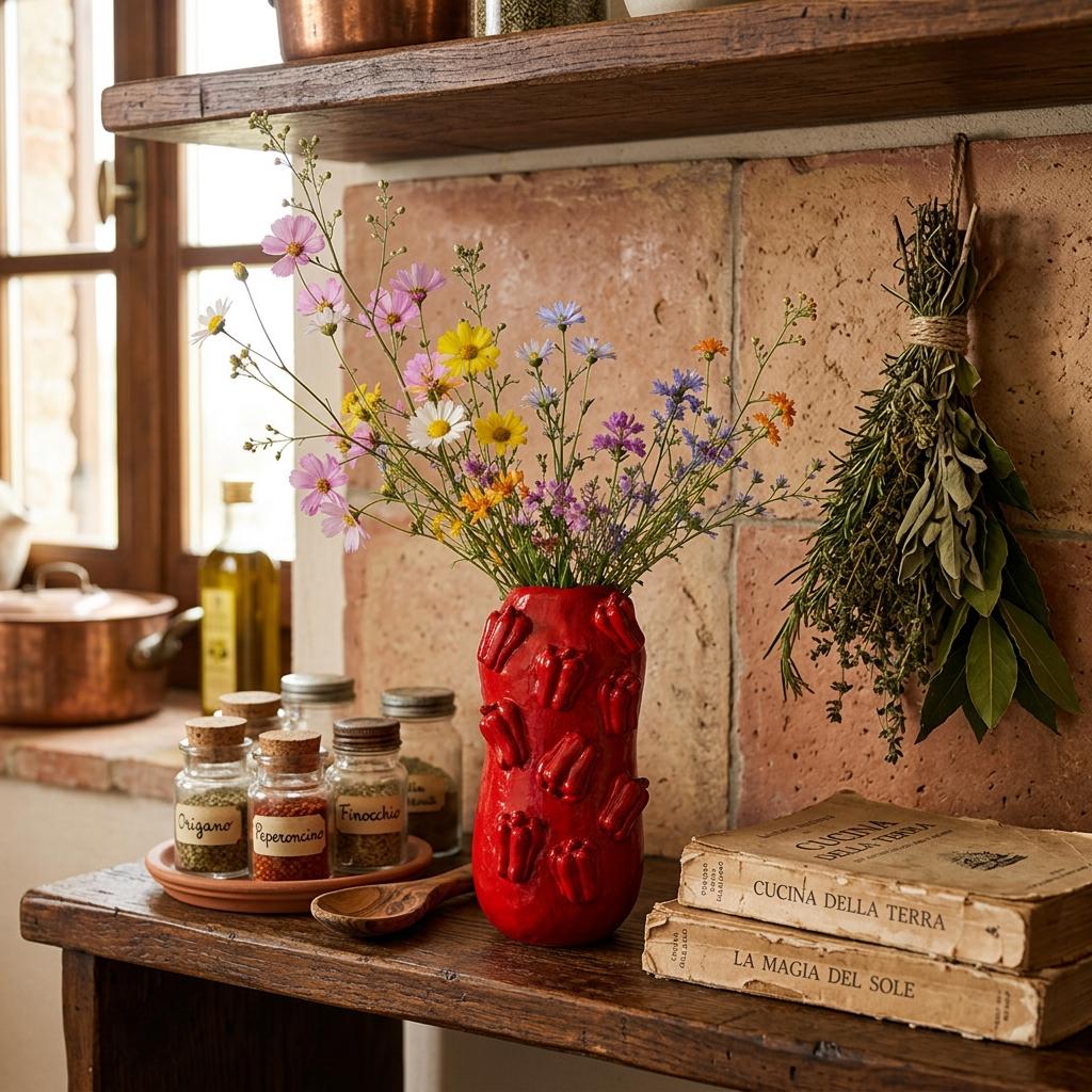 Red Pepper Vase – Handmade Air Dry Clay Sculpture with Sculpted Chilli Peppers