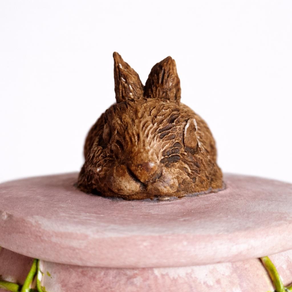 Rabbit Trinket Box – Handmade Air Dry Clay Sculpture with Sleeping Bunny & Fern Leaves