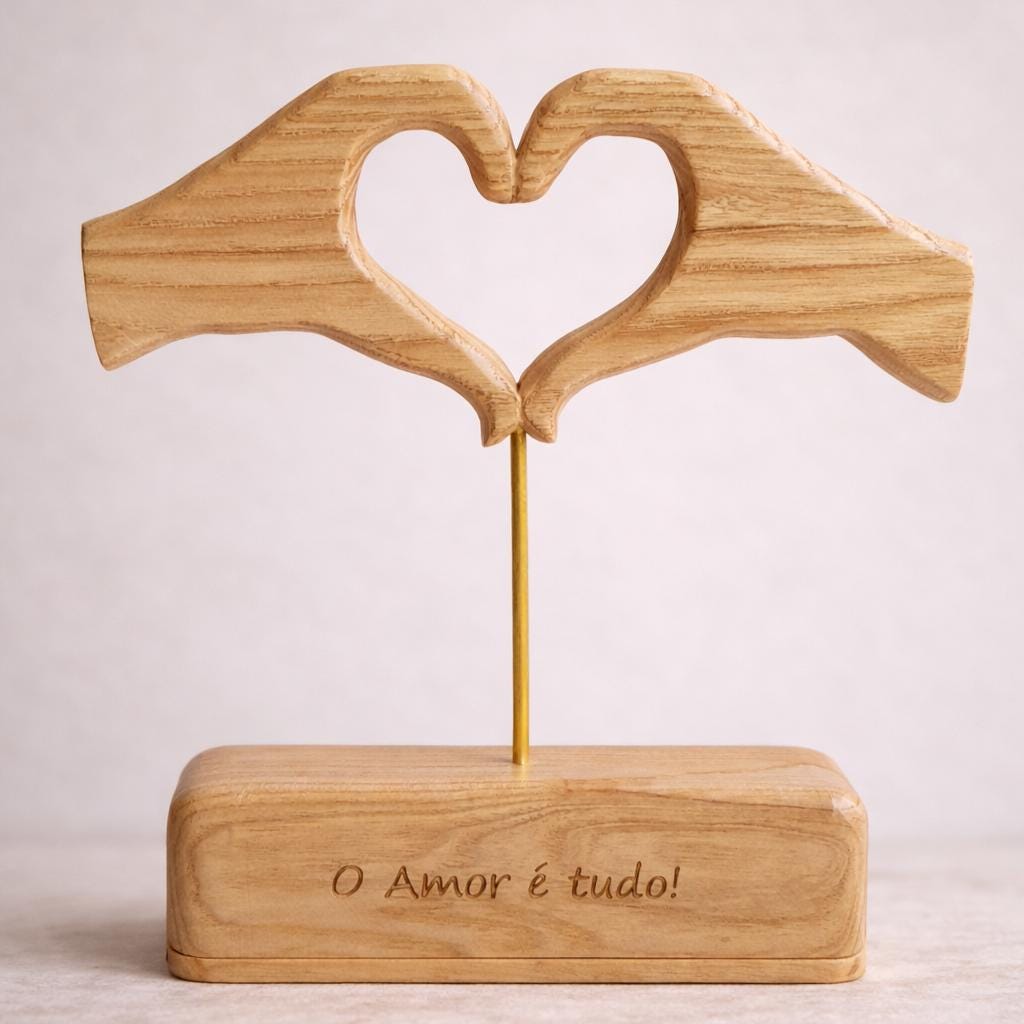 Love is Everything – Handmade Wooden Heart Sculpture with Gold Stand