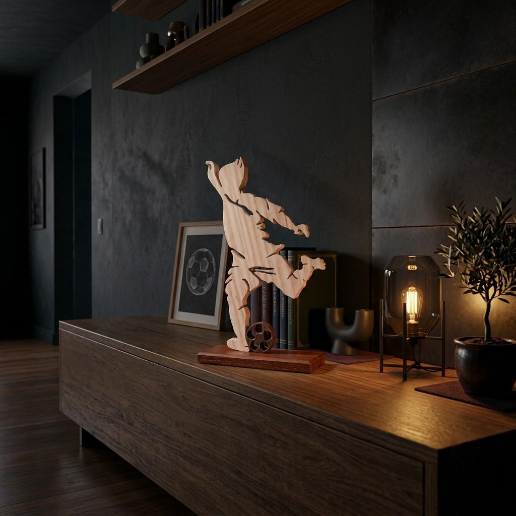 Goal Moment – Handmade Wooden Football Player Sculpture