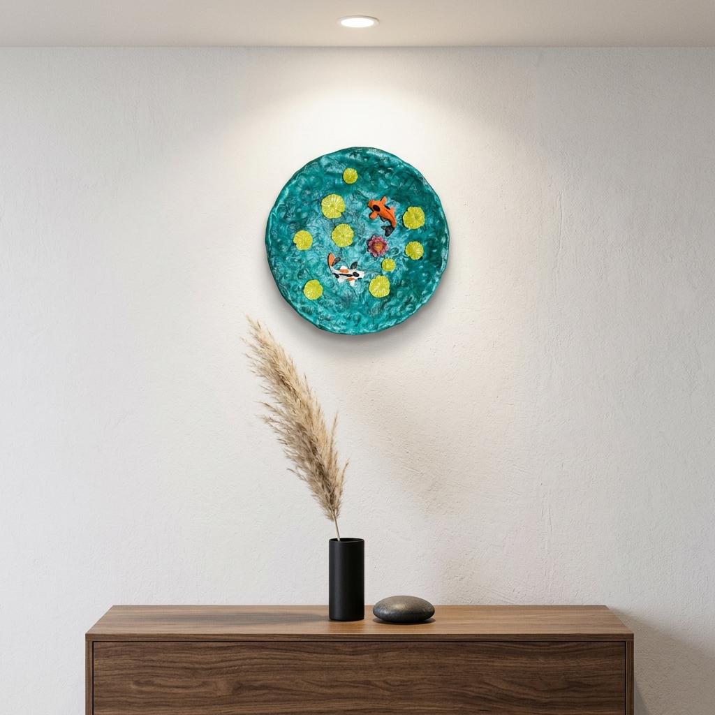 Prato Decorativo Lagoa Koi – Argila Artesanal | 24cm | Arte de Parede e Peça Central