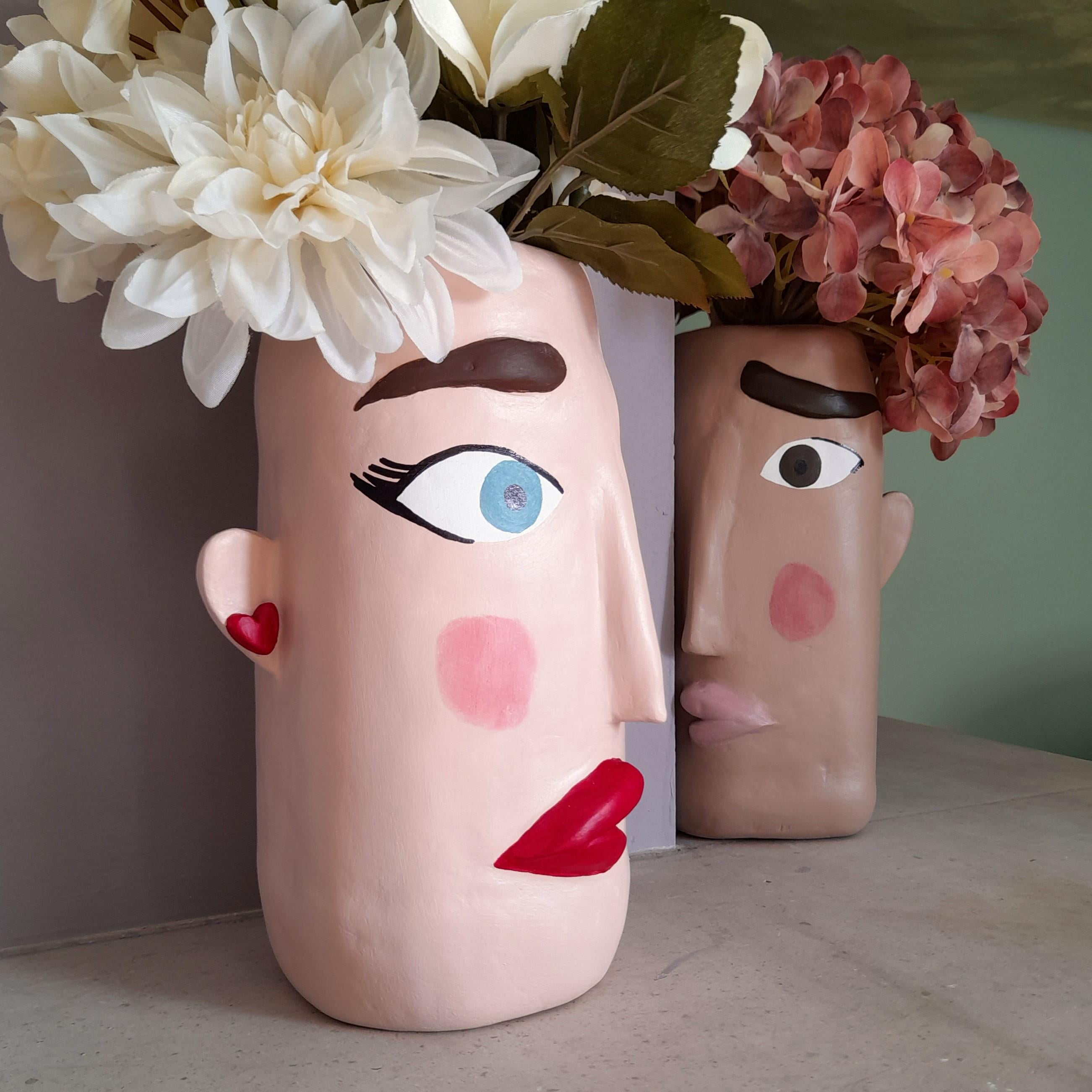 Couple Face Vase Set – Handmade Air Dry Clay His & Hers Sculptural Vases