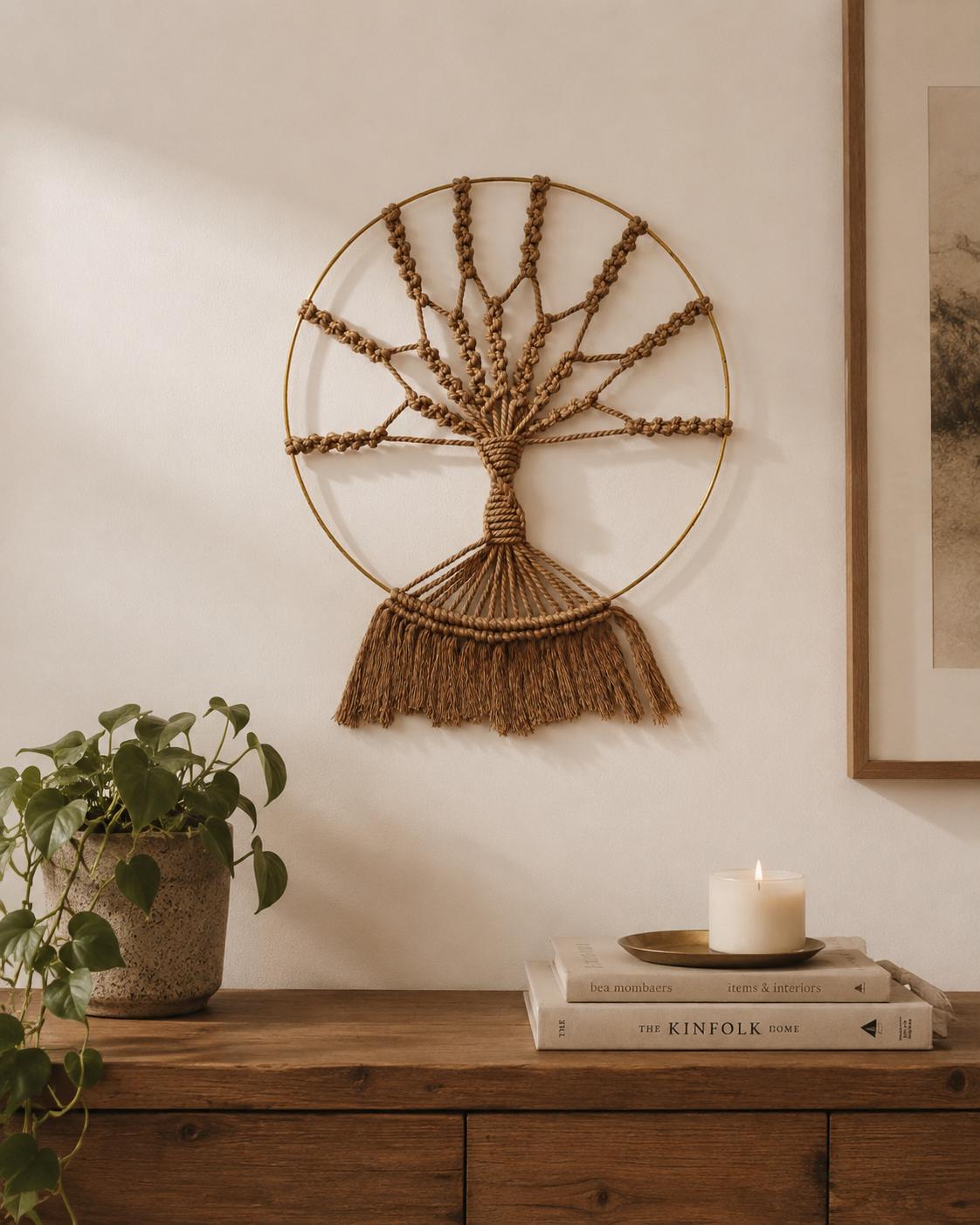 Family Tree Macrame Wall Hanging – Handmade Cotton & Gold Hoop Fiber Art