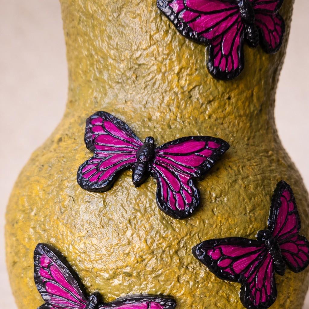 Butterfly Vase – Handmade Air Dry Clay Sculpture with Blue Morpho & Pink Butterflies