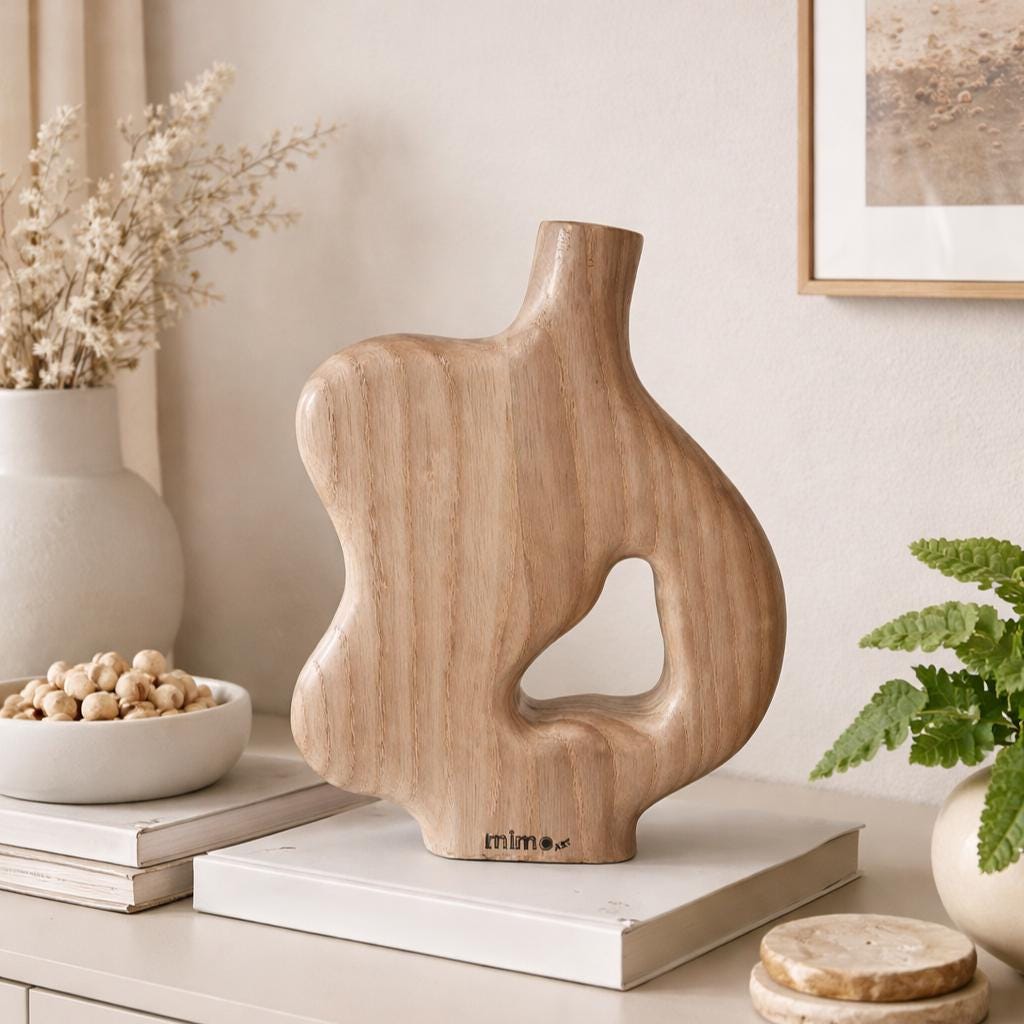 Abstrakte Holzvase – Handgeschnitzte organische Holzskulptur mit Negativraum