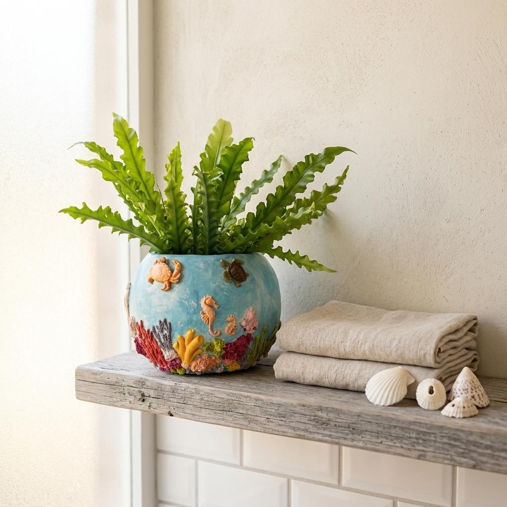 Ocean Reef Vase – Handmade Air Dry Clay Sculpture with Sculpted Sea Life
