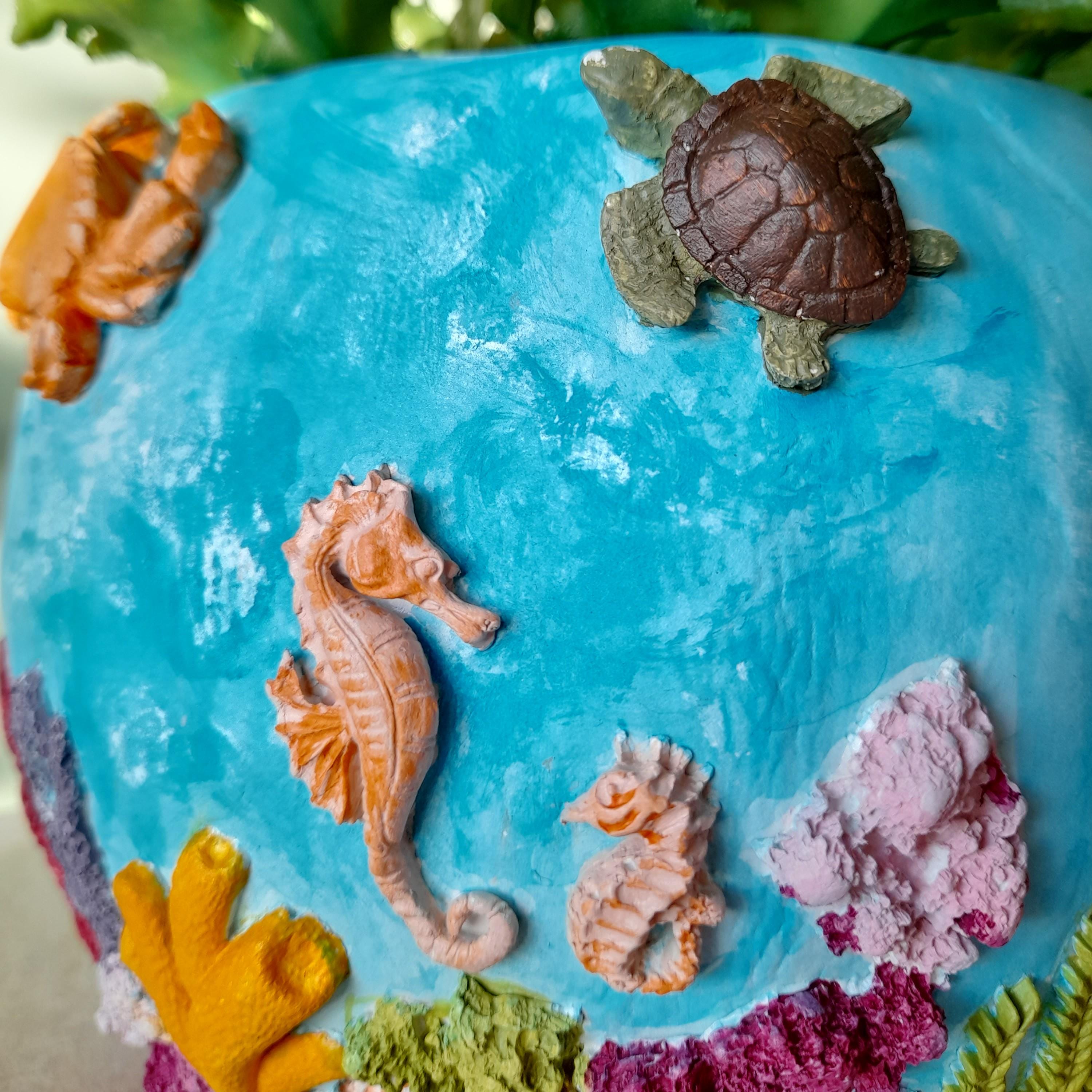Ocean Reef Vase – Handmade Air Dry Clay Sculpture with Sculpted Sea Life