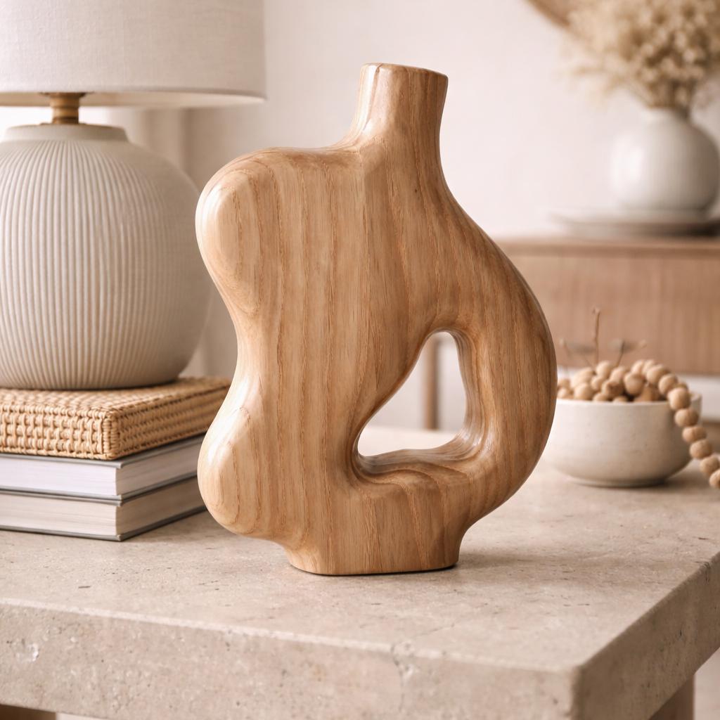 Abstrakte Holzvase – Handgeschnitzte organische Holzskulptur mit Negativraum