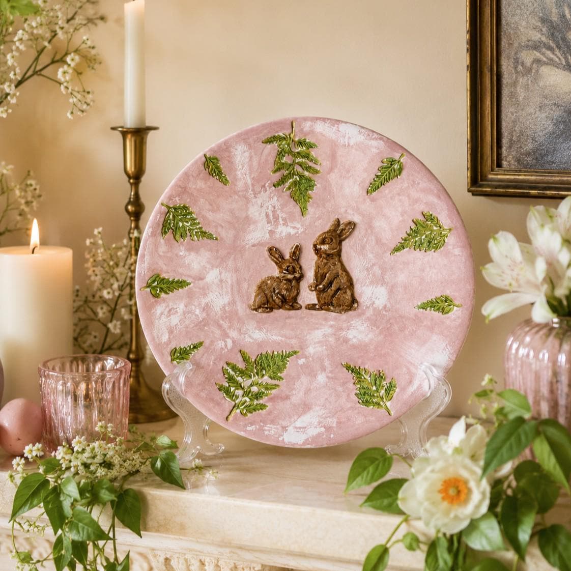 Rabbit Decorative Plate – Handmade Ceramic & Air Dry Clay | 24cm | Easter & Spring Decor