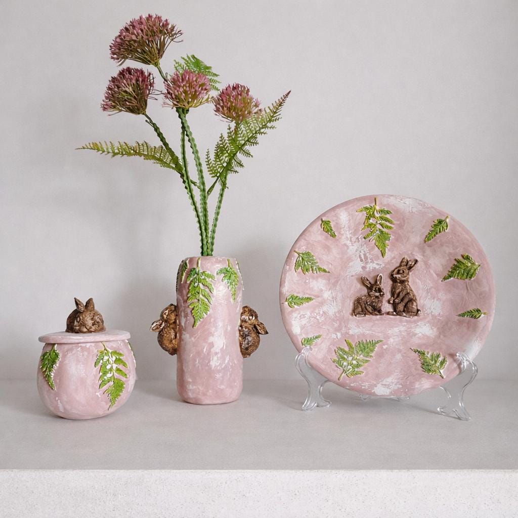 Rabbit Vase – Handmade Air Dry Clay Sculpture with Woodland Bunnies & Fern Leaves