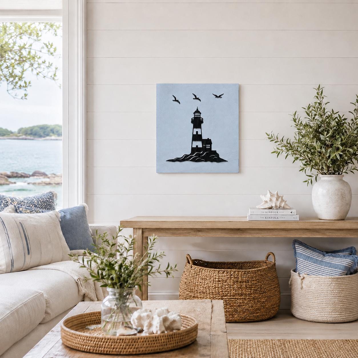 Lighthouse Wall Art – Hand-Painted Wooden Coastal Scene with Keeper's Cottage