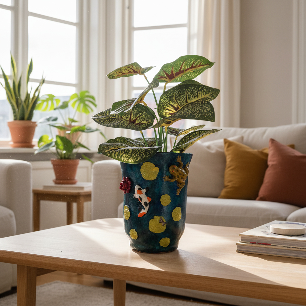 Uma planta caládio de folhas verdes e amarelas variegadas, num vaso de cerâmica azul-escuro decorado com bolinhas amarelas e peixes koi, sobre uma superfície de cor clara e fundo de parede pálida.