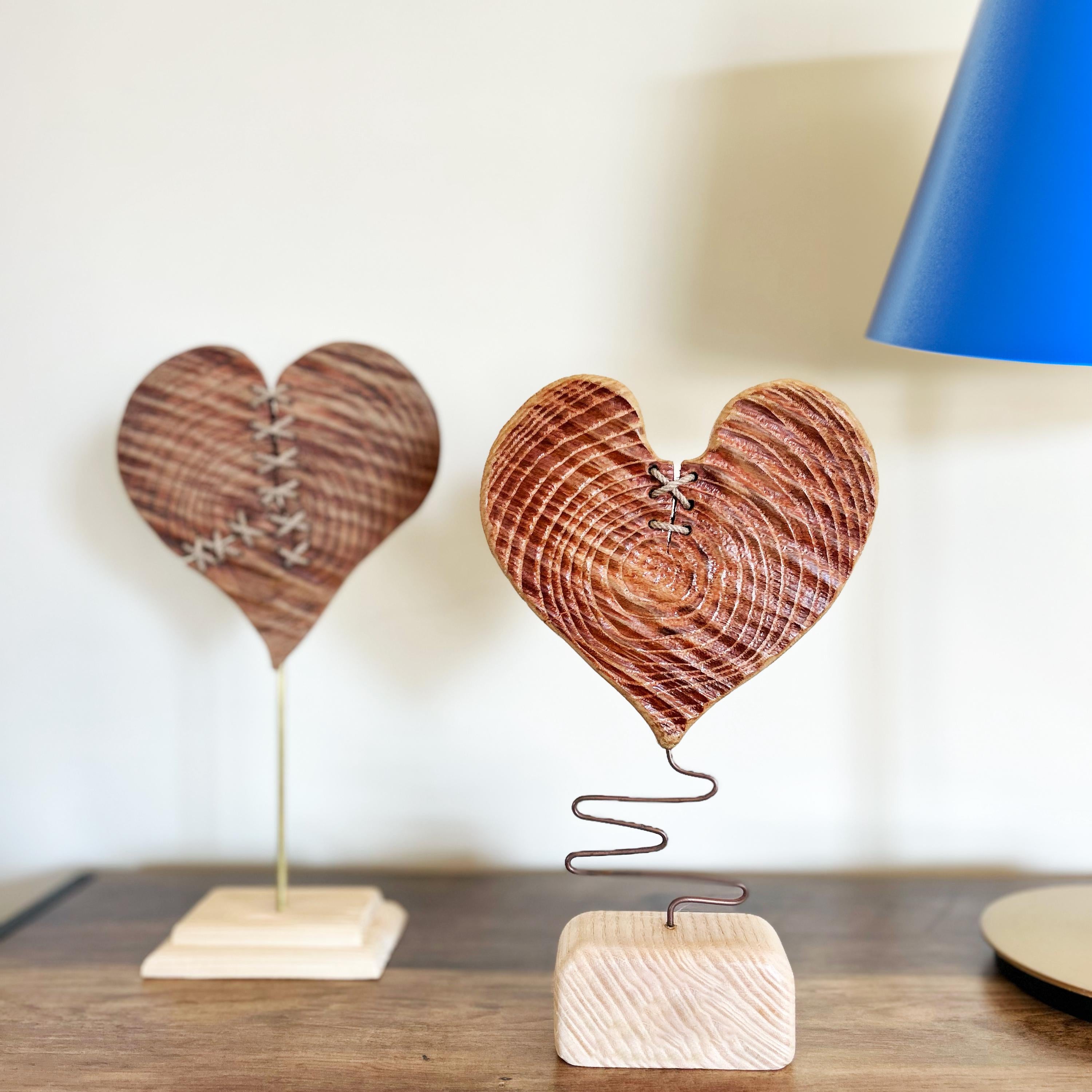Resilient Heart – Handmade Wooden Heart Sculpture with Stitched Crack & Metal Wire