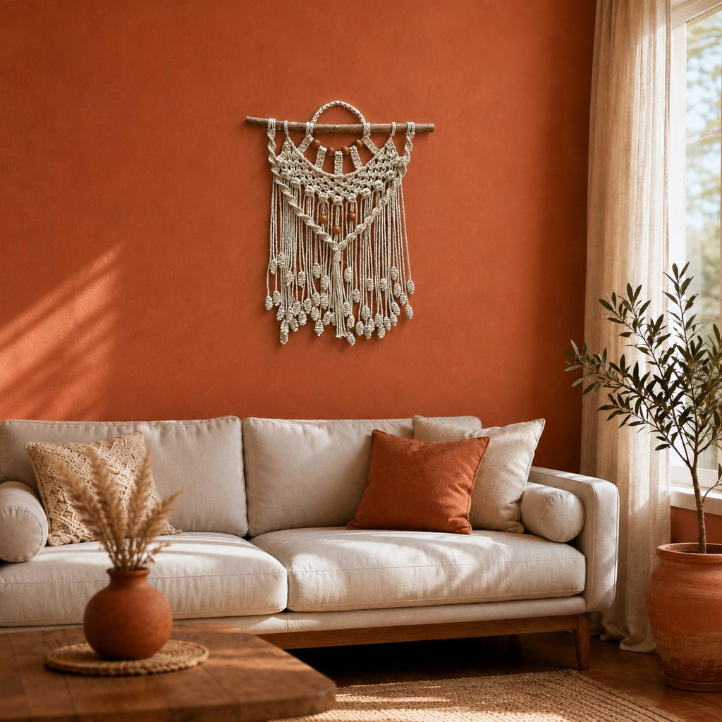 Makramee-Wandbehang „Empress“ – Handgefertigt aus Baumwolle, Holzperlen & Treibholz, 62cm
