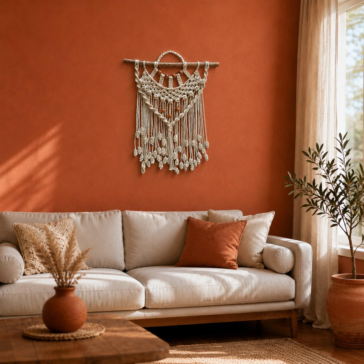 Makramee-Wandbehang „Empress“ – Handgefertigt aus Baumwolle, Holzperlen & Treibholz, 62cm