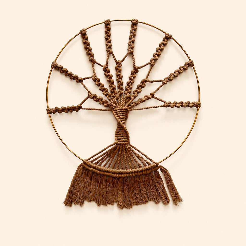 Family Tree Macrame Wall Hanging – Handmade Cotton & Gold Hoop Fiber Art
