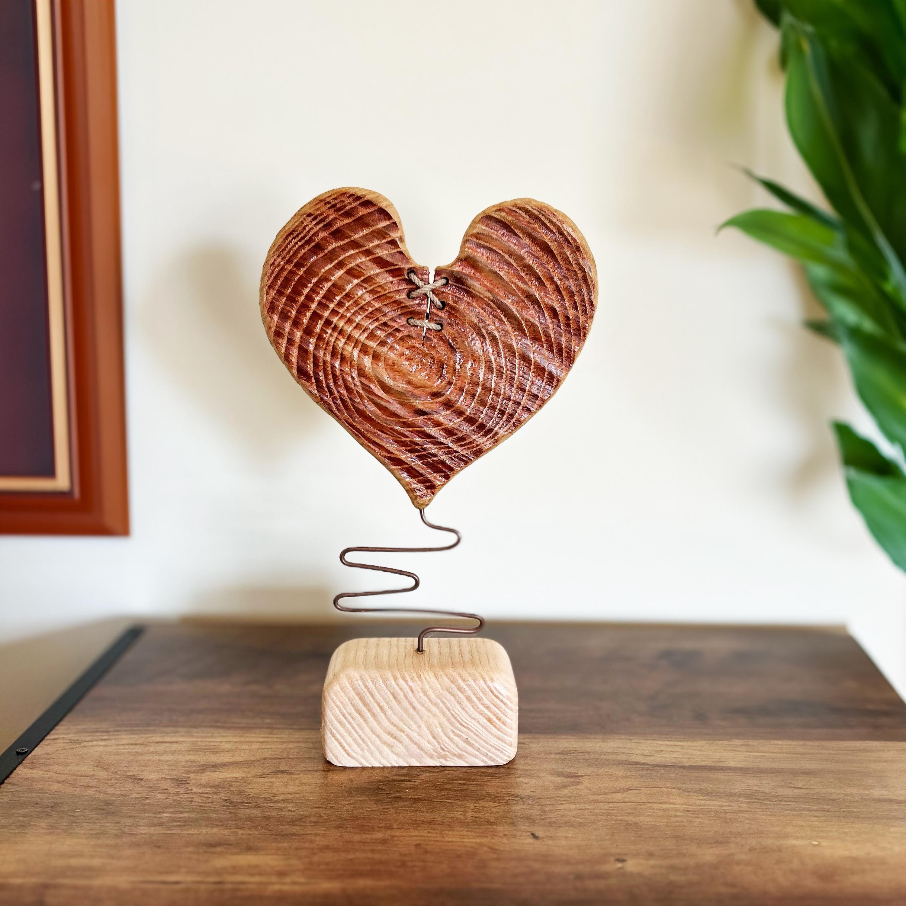 Resilient Heart – Handmade Wooden Heart Sculpture with Stitched Crack & Metal Wire