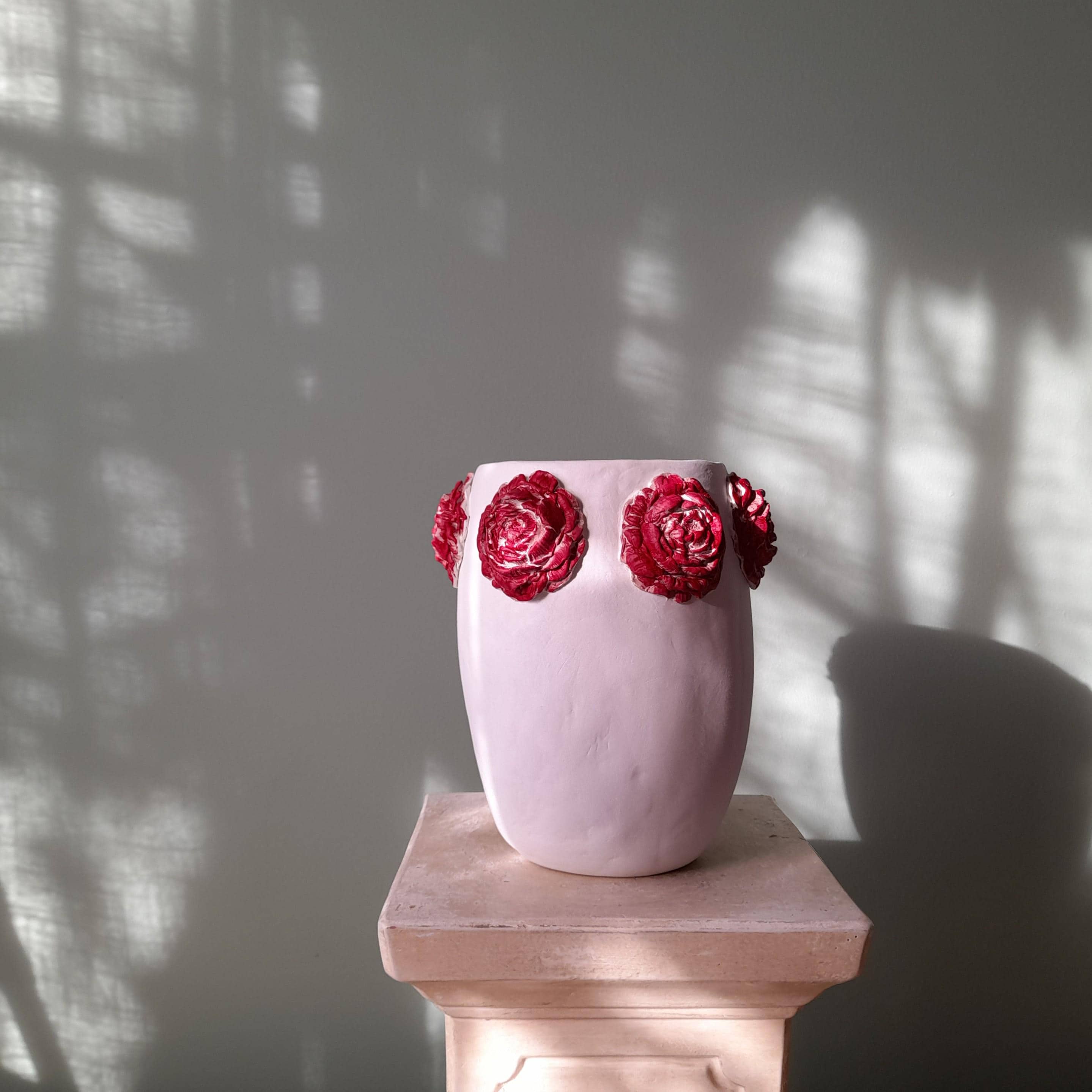 Camellia Vase – Handmade Air Dry Clay Sculpture with Red Floral Relief