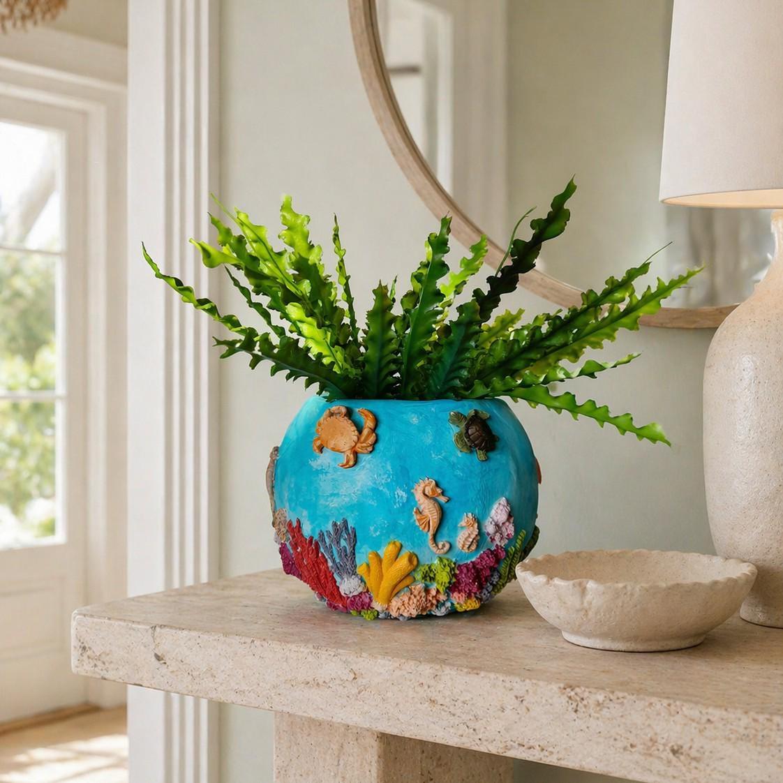 Ocean Reef Vase – Handmade Air Dry Clay Sculpture with Sculpted Sea Life