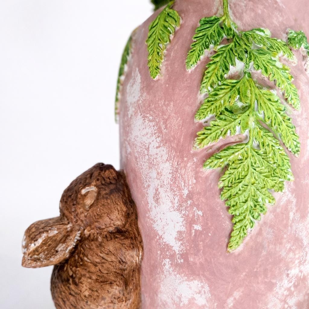 Rabbit Vase – Handmade Air Dry Clay Sculpture with Woodland Bunnies & Fern Leaves