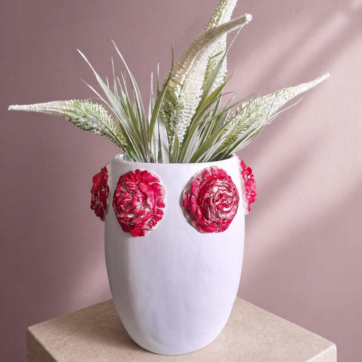 Camellia Vase – Handmade Air Dry Clay Sculpture with Red Floral Relief