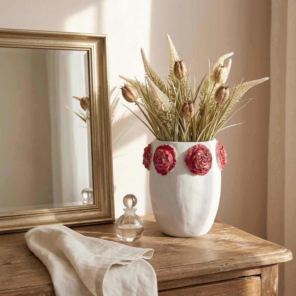 Camellia Vase – Handmade Air Dry Clay Sculpture with Red Floral Relief