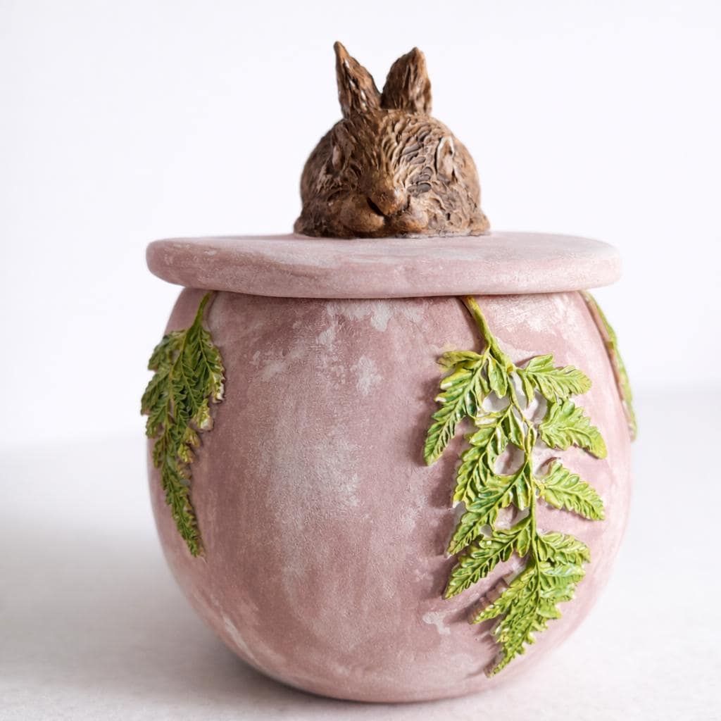 Rabbit Trinket Box – Handmade Air Dry Clay Sculpture with Sleeping Bunny & Fern Leaves