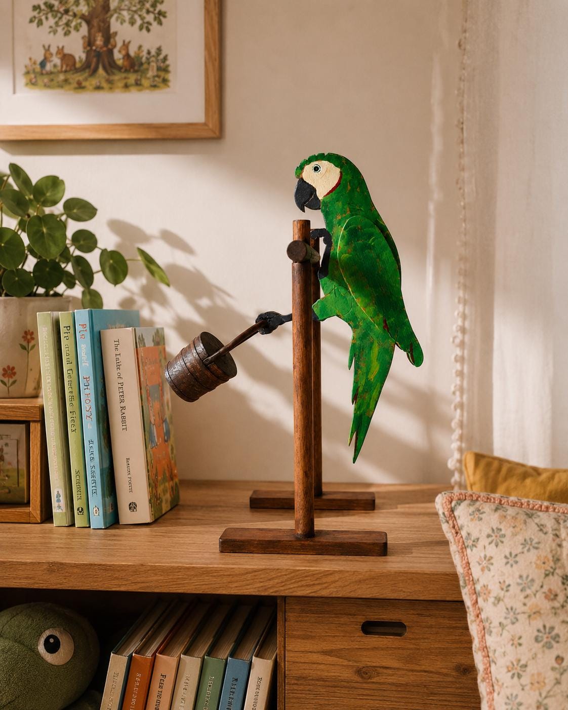 Handbemalte Holz-Papagei-Skulptur – Balancierender Vogel mit schwingendem Fass