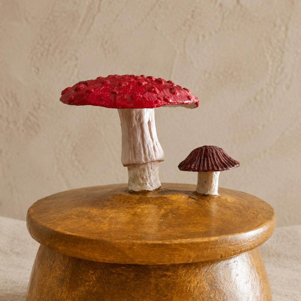 Enchanted Forest Mushroom Trinket Box – Handmade Air Dry Clay & Glass Storage Jar