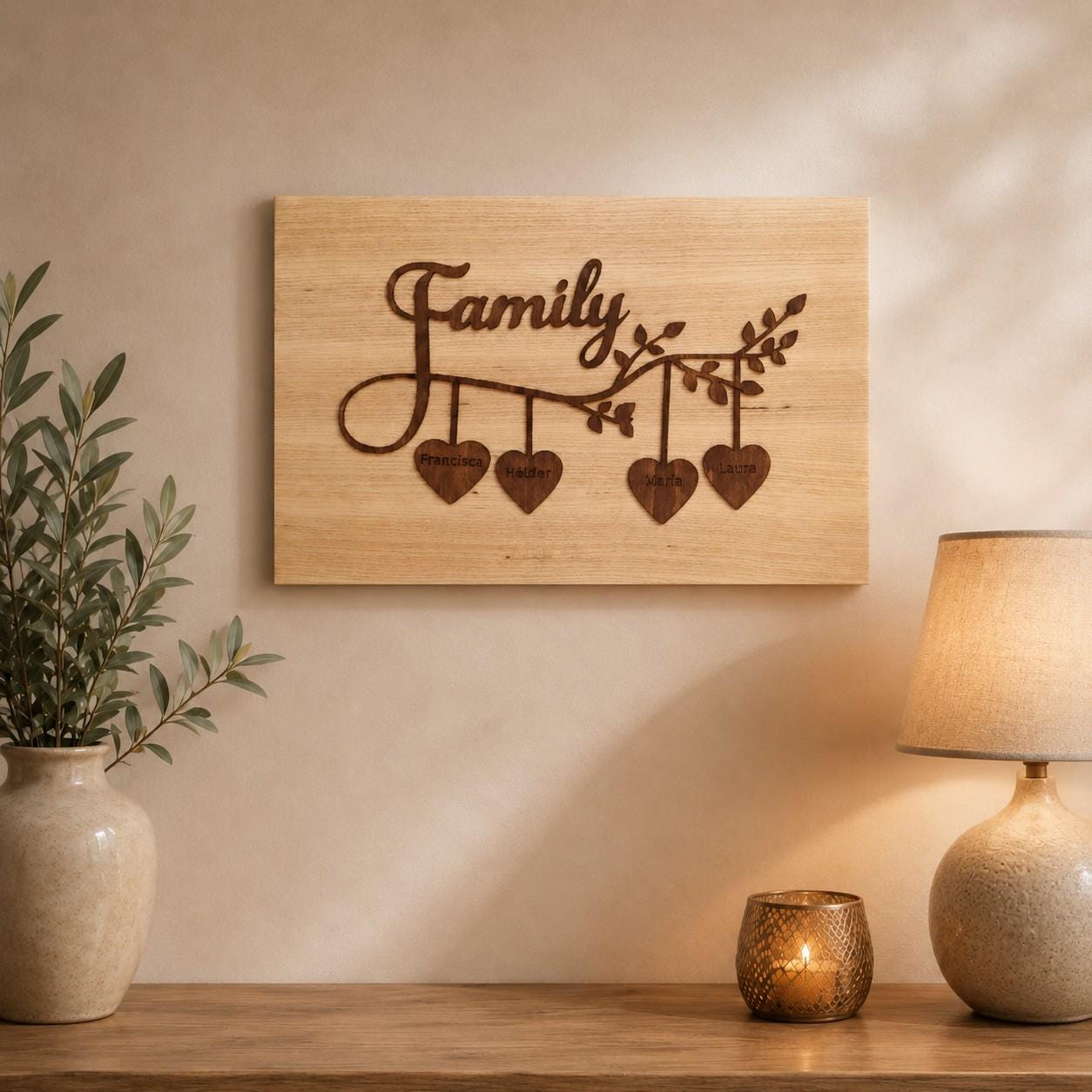 Placa de Família Personalizada – Decoração de Parede em Madeira com Nomes e Corações Personalizados