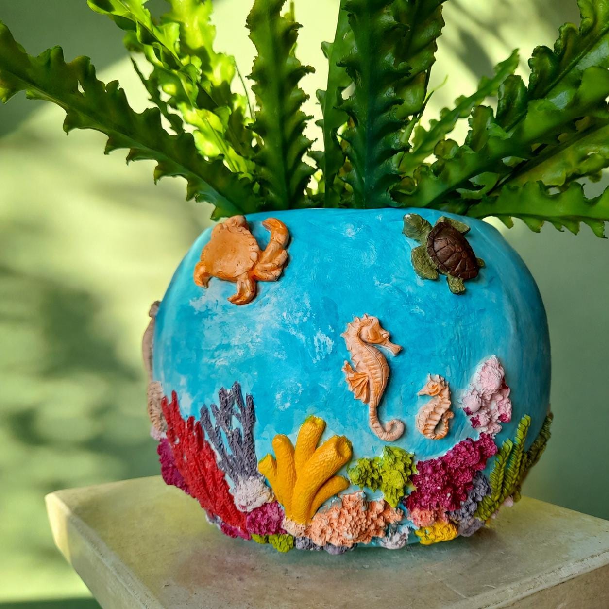 Ocean Reef Vase – Handmade Air Dry Clay Sculpture with Sculpted Sea Life