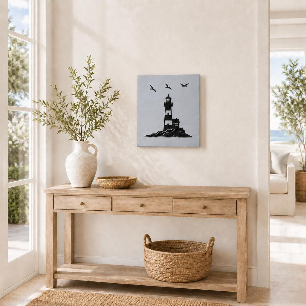 Lighthouse Wall Art – Hand-Painted Wooden Coastal Scene with Keeper's Cottage