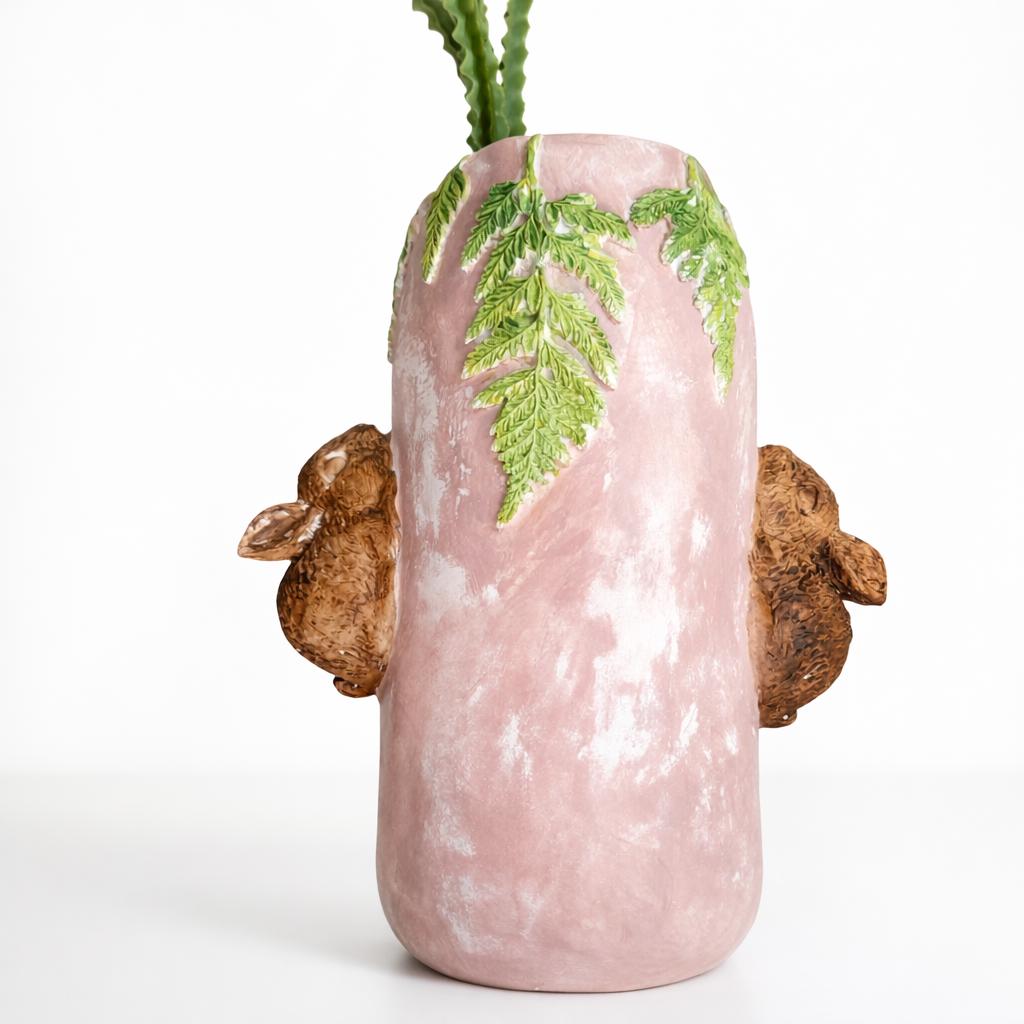 Rabbit Vase – Handmade Air Dry Clay Sculpture with Woodland Bunnies & Fern Leaves
