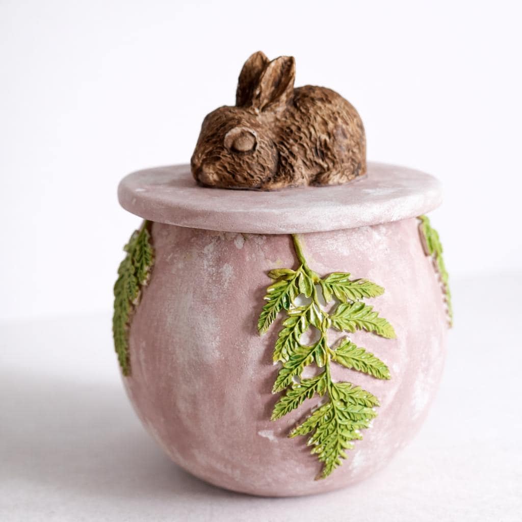 Rabbit Trinket Box – Handmade Air Dry Clay Sculpture with Sleeping Bunny & Fern Leaves