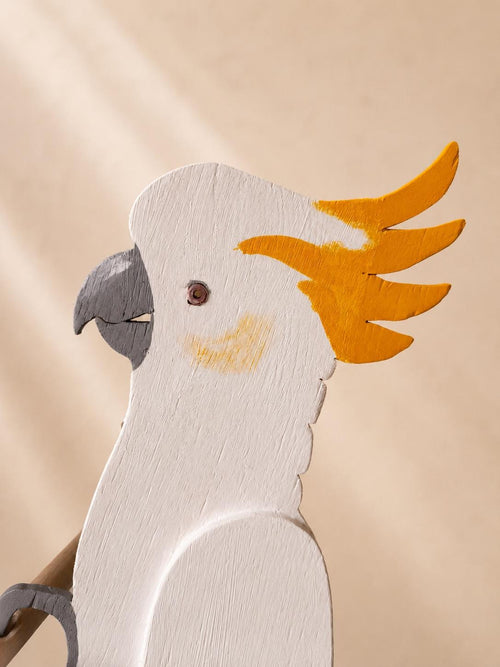 Cockatoo Sculpture – Handmade Wooden Tropical Bird Figurine with Parcel Detail