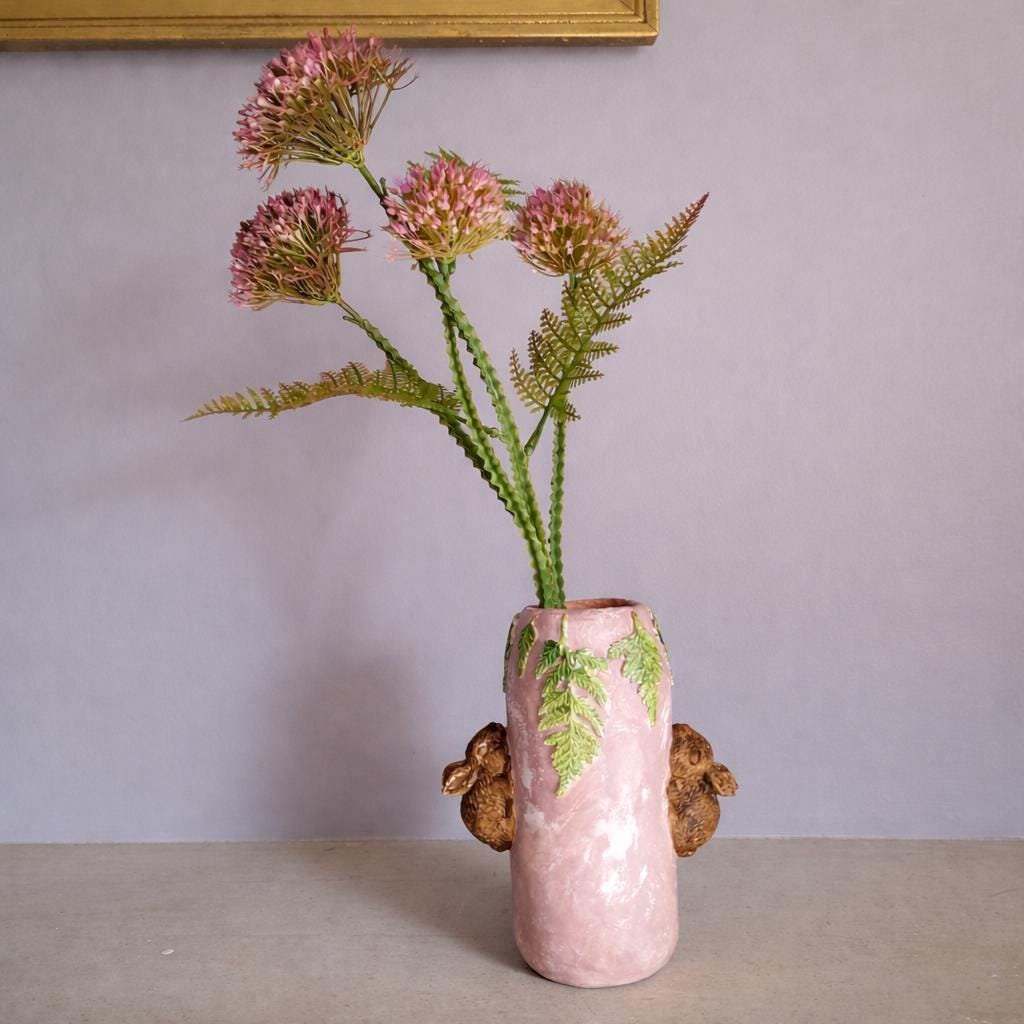 Rabbit Vase – Handmade Air Dry Clay Sculpture with Woodland Bunnies & Fern Leaves